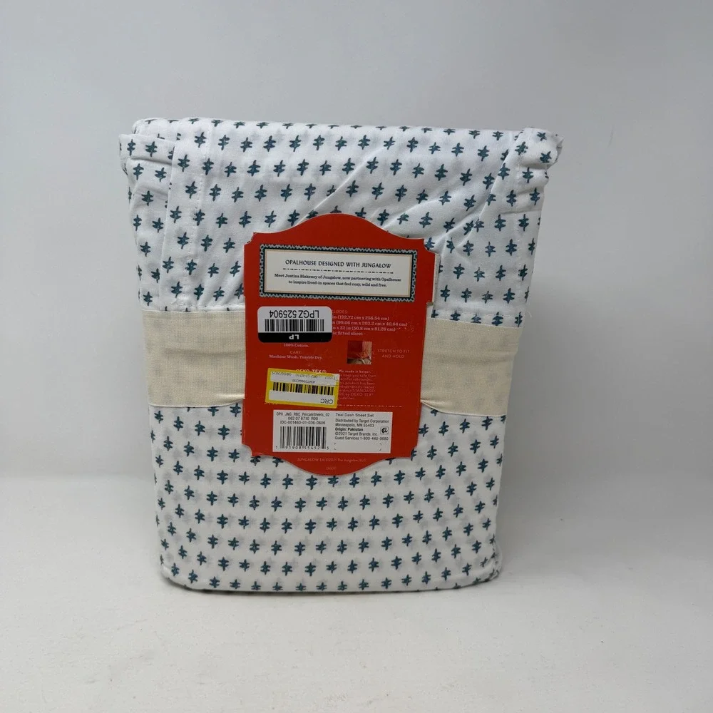 Opalhouse Jungalow Twin XL Percale Sheet Set Teal Dash White Cotton 3pc